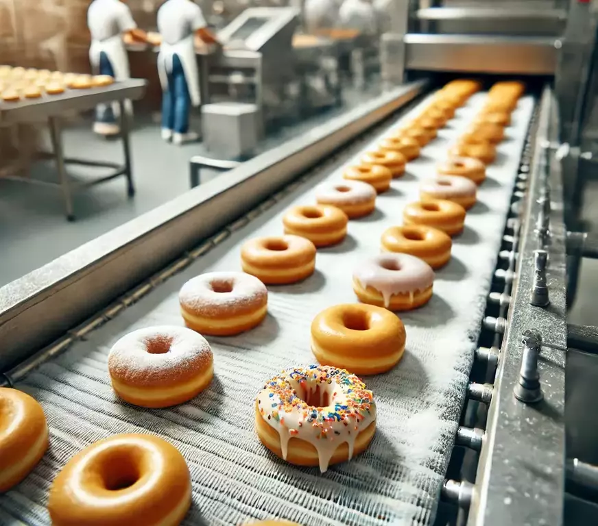 DALL E 2024 07 12 08 35 59 A close up of freshly made donuts on a clean conveyor belt in a bakery The donuts are golden brown some with icing and sprinkles and others plain 1